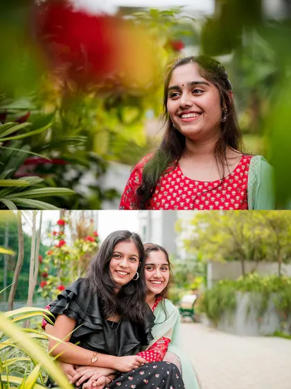 A collage of two sisters enjoying their photoshoot, with one shot capturing a beautiful smile and the other a shared moment of fun.