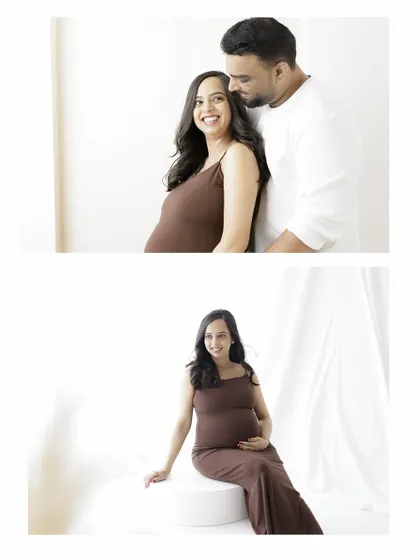 A collage of a couple's maternity session, showing both a full portrait and a close-up of their loving embrace.