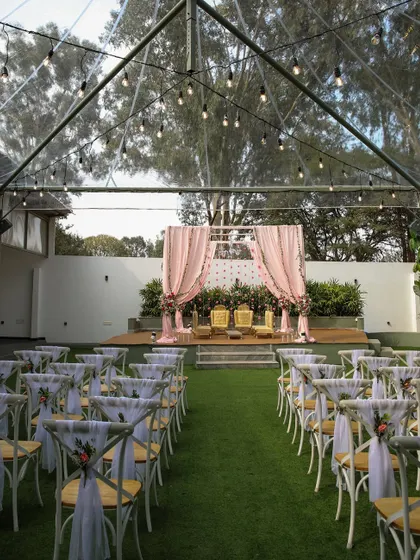 Explore the charm of The Backyard by FHC. These images showcase various setups for intimate events, from wedding ceremonies under a transparent canopy to lively birthday parties and elegant engagements. This space is designed for close-knit celebrations.