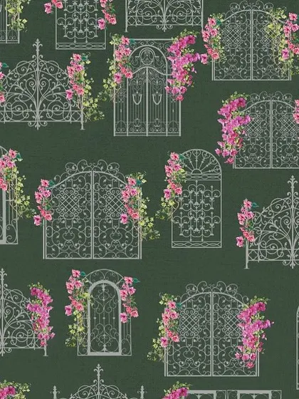 This 'Grill and Bougainvillea' wallpaper design features intricate illustrations of Mediterranean gates adorned with pink flowers on a dark green background.