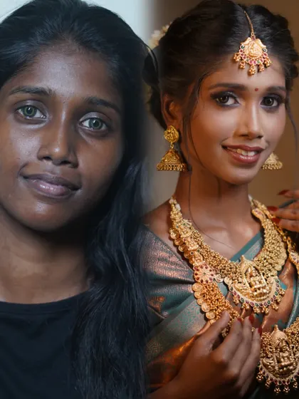 I absolutely love working on dusky skin tones, and this South Indian bridal transformation is a perfect example. I used techniques to bring out her warm undertones and create a radiant glow, proving that the right makeup celebrates, not conceals, beautiful deep complexions.