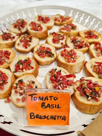 A close-up of our tomato basil bruschetta, a simple yet elegant appetizer for any occasion.