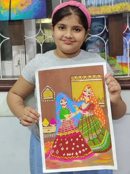 This beautiful painting captures two women celebrating Holi, showcasing the student's skill in detailed work and vibrant colour combinations. Well done!