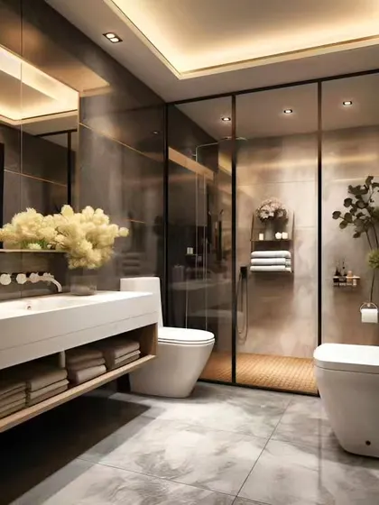 A sophisticated bathroom design with dark grey walls and a glass-enclosed shower. The floating white vanity provides storage and a clean contrast to the moody tones.