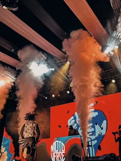 On stage at Motoverse, with the smoke cannons firing. This was a massive closing set, where I was both DJ and MC, ensuring the festival ended with a bang.