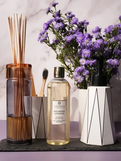 A complete bathroom set featuring our Bulgarian Lavender reed diffuser. This is the perfect way to create a spa-like, relaxing atmosphere in your personal sanctuary. s a perfect pairing for a festive or celebratory mood.