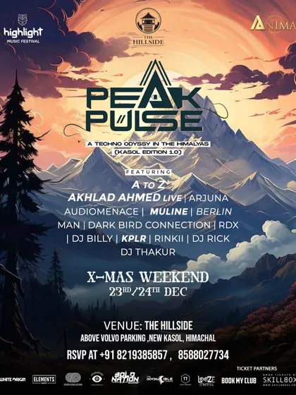 The flyer for Peak Pulse, a Christmas techno carnival in Kasol. We create a techno odyssey in the Himalayas with top-notch DJs and non-stop beats.