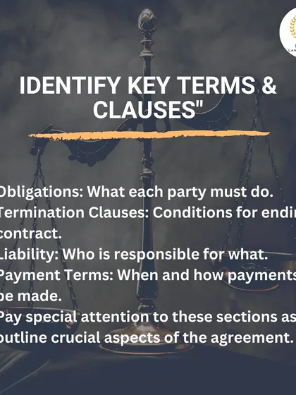 When reviewing a contract, pay close attention to key clauses like obligations, termination conditions, liability, and payment terms. These sections define the most critical aspects of your legal relationship with the other party.