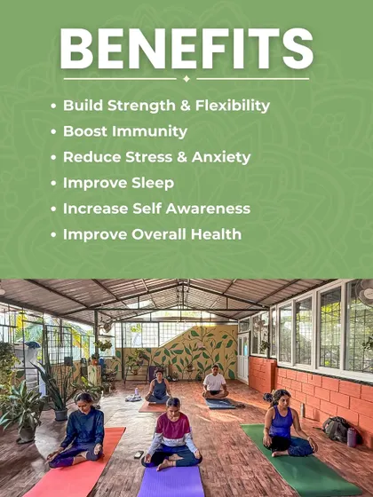 Ready to transform your year? This image details the benefits of joining my classes, from building strength to reducing stress. It also provides the schedule for both studio and online batches, including a free trial class.