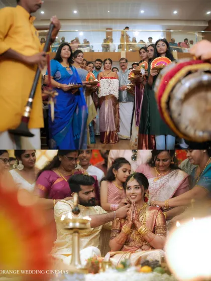 A collage capturing the vibrant rituals and candid emotions of a Hindu wedding ceremony.