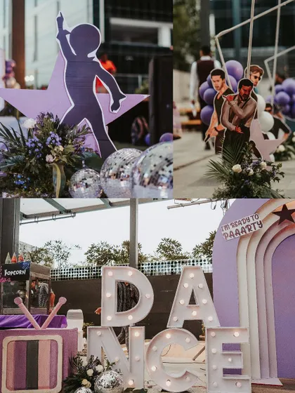 A collage of the dance party details, including marquee "DANCE" letters, a retro TV prop, and celebrity cutouts.