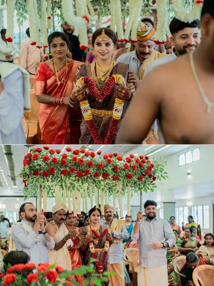 A collage showing the bride's grand entrance, surrounded by family and festive decorations, a key moment in a South Indian wedding.