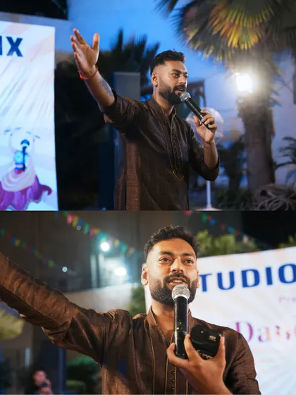 A split shot from a Dandiya night. The top shows me addressing the crowd, and the bottom captures me in action, using hand gestures to engage with the audience and build excitement.
