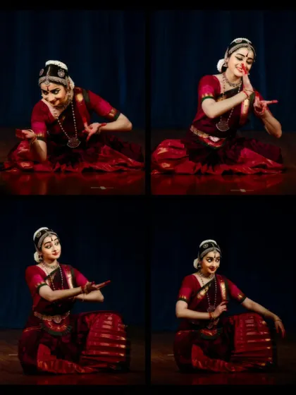 A collage of four seated poses, each telling a part of the Nayika's story through expression and gesture.
