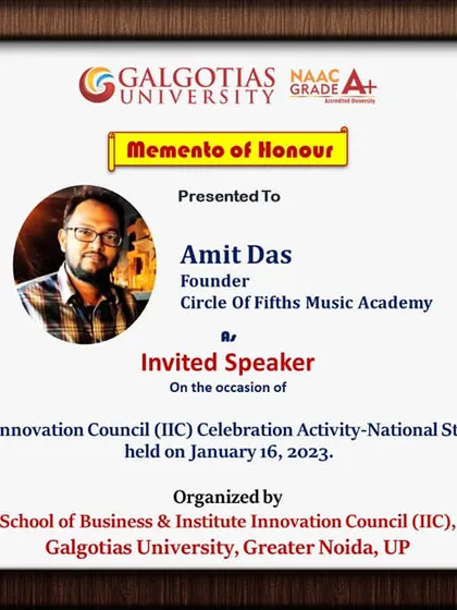 Our founder, Amit Das, was invited as a speaker on National Startup Day at Galgotias University, sharing his views on the Indian Music Industry.