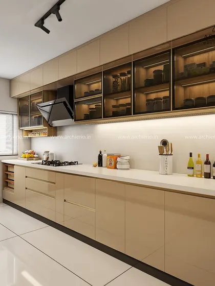This expansive kitchen features a long countertop, ample storage with glass-front cabinets, and a clean, minimalist aesthetic.