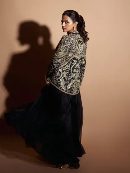 Styled the lovely Shraddha Srinath for a promotional event. This black sharara with a heavily embroidered jacket was a powerful and elegant choice.