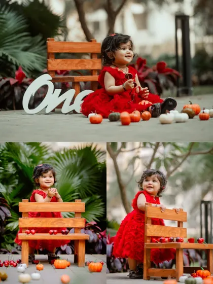 A collage of a baby girl in a red dress celebrating her first birthday outdoors with festive props.