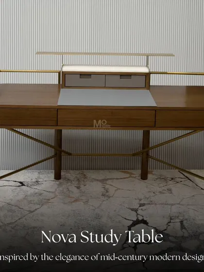 Inspired by mid-century modern design, the Nova study table is crafted from rich, walnut-toned wood with sleek brass accents. The tabletop features a soft gray leather inlay and understated storage drawers for a stylish workspace.