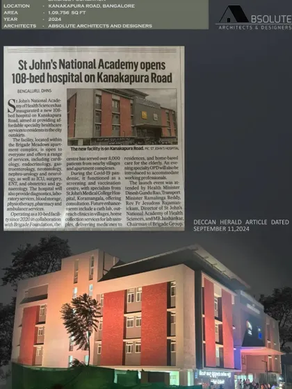 It was an honor to see my work on the St. John's Hospital featured in the Deccan Herald. This image combines a night view of the completed building with the press coverage, validating the project's success and its positive impact on the community.