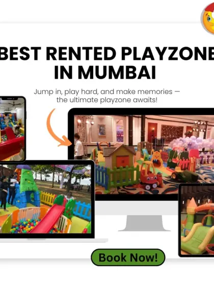 This graphic shows my playzones displayed on a phone, laptop, and desktop, illustrating that you can easily book the ultimate playzone online. It features indoor, outdoor, and slide-focused setups.