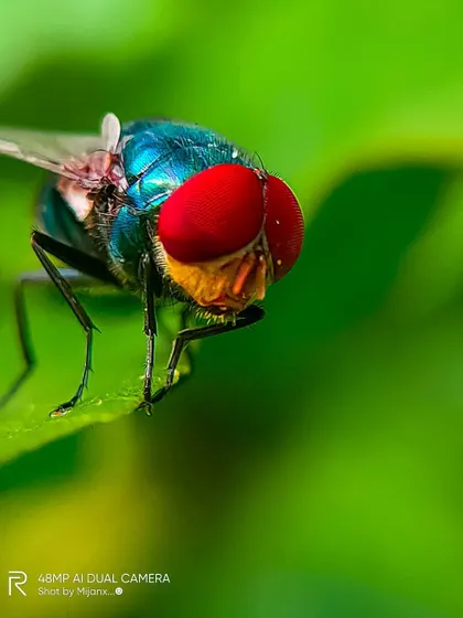 An extreme close-up of a fly, showing its huge, vibrant red compound eyes in incredible detail. This macro photograph highlights the alien-like beauty of common insects.