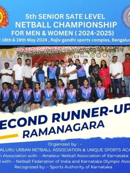Celebrating the 2nd runner-up, Ramanagara, at the state-level netball championship we hosted.