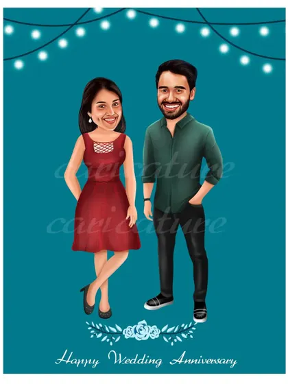 A simple and sweet wedding anniversary caricature. The fairy lights in the background create a magical and romantic atmosphere for the couple's portrait.