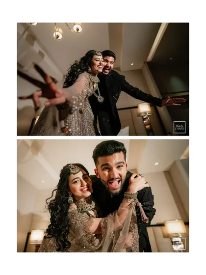 A fun and playful collage of the couple taking selfies. This shows their fun-loving personalities and the joy of celebrating their engagement.
