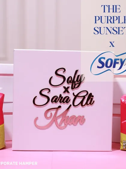 Another view of the Sofy x Sara Ali Khan collaboration box, emphasizing the clean design and prominent branding for media events.