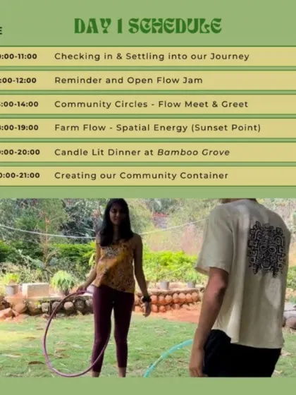 The schedule for Day 1 of the Flow Fest. We start by settling in, creating our community container, and setting intentions for our journey together.