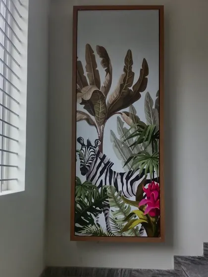 Another vertical panel from the same series, this one featuring a zebra in a jungle setting. These panels can be used together or separately to create a cohesive theme throughout a space.