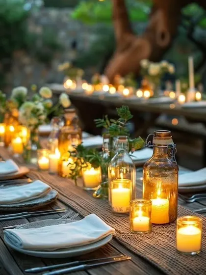 This image highlights the beauty of simplicity in table decor. Using recycled glass bottles as candle holders and a burlap runner adds a rustic, eco-friendly charm to this outdoor dining setup.