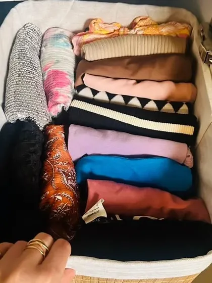 These photos from a virtual client show the power of a good plan. Using file-folding in baskets and uniform hangers, she transformed her own wardrobe with my remote guidance.
