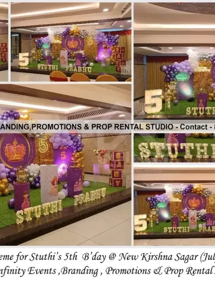 For this Royal Princess 5th birthday, we used a rich purple and gold color scheme. The setup at New Krishna Sagar features a gold sequin backdrop, a circular crest, themed cylinder tables, and a light-up number "5," creating a vibrant and royal atmosphere.