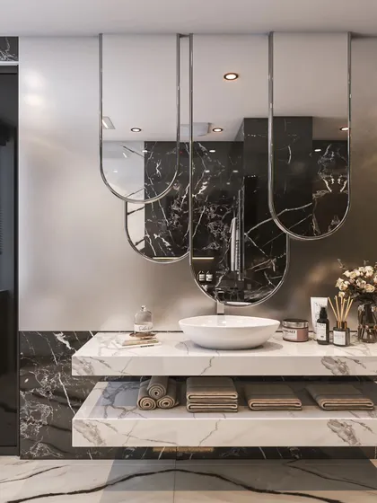 A truly luxurious bathroom concept with a black and white marble theme. The highlight is the set of four hanging U-shaped mirrors above the floating double vanity.