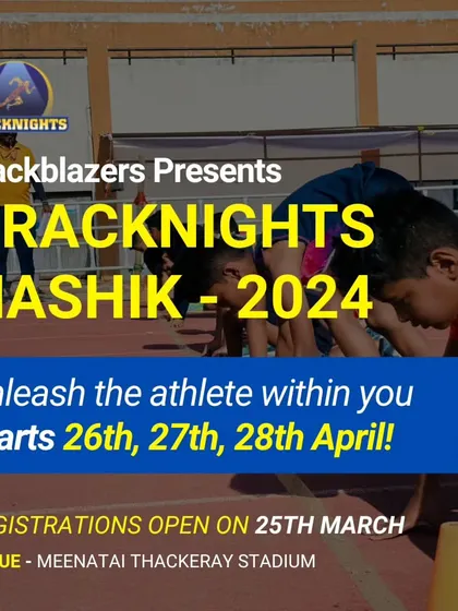 The official announcement for TrackNights Nashik 2024. This graphic details the event dates and venue, inviting athletes to unleash their potential at our ultimate athletic showdown.