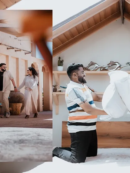A fun and playful collage showing a couple having a pillow fight and walking hand-in-hand.