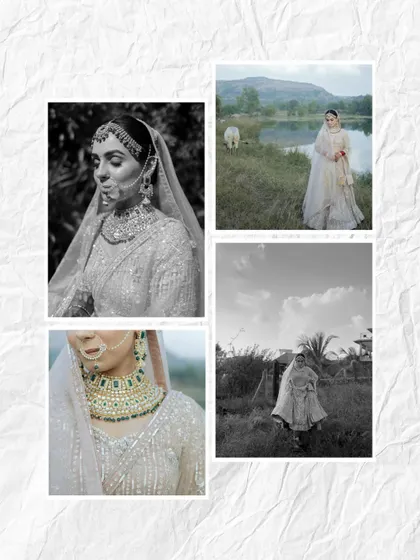 A collage of a bride in a beautiful white lehenga, set against a natural landscape. The mix of color and black and white portraits creates a soft and romantic mood.