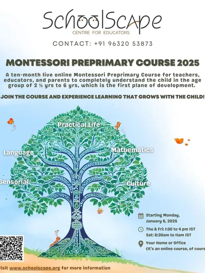 This flyer provides an overview of our ten-month online Montessori Preprimary Course, covering practical life, sensorial, language, mathematics, and culture for the first plane of development.