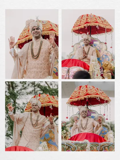 A collage of the groom, Basu, making his royal entry on a decorated chariot, waving to his family and friends with a smile.