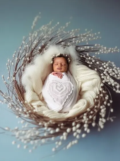 I love designing unique, artistic setups. Here, a delicate nest of pussy willow branches and a soft pearl headband create an ethereal and peaceful portrait, highlighting the baby's serene beauty.