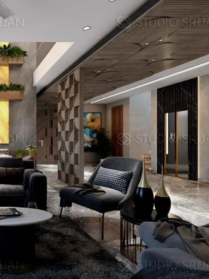 Another view of the Varanasi lobby, showcasing 3D wall panels, indoor planters, and a dark, sophisticated color scheme.