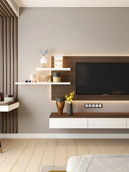 A multifunctional wall unit that combines a TV console with a dedicated study desk. This is a perfect solution for apartments where the living room also needs to serve as a home office.