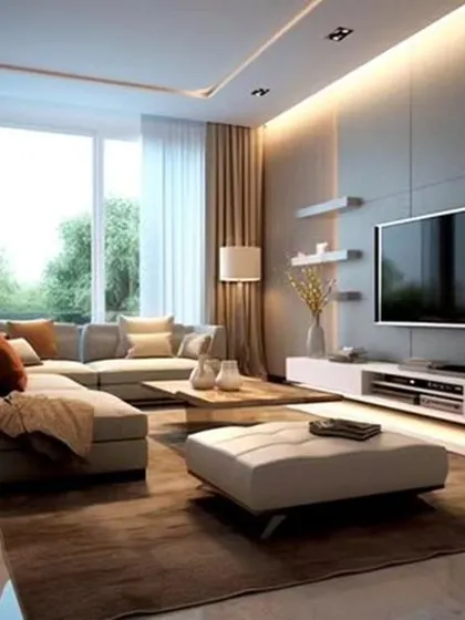 A luxurious living room with a large sectional sofa and layered ceiling with cove lighting. The floating shelves and minimalist TV console keep the look clean and contemporary.
