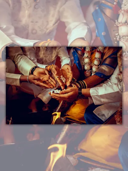A close up on the hands during a wedding ritual. This detailed shot captures the significance of the traditions that are central to a Maharashtrian wedding ceremony.