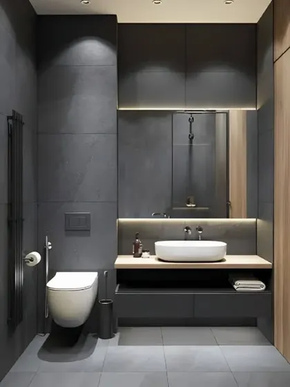 A dark and dramatic bathroom design with large-format grey tiles and a floating wood vanity. The backlighting adds depth and a touch of luxury.