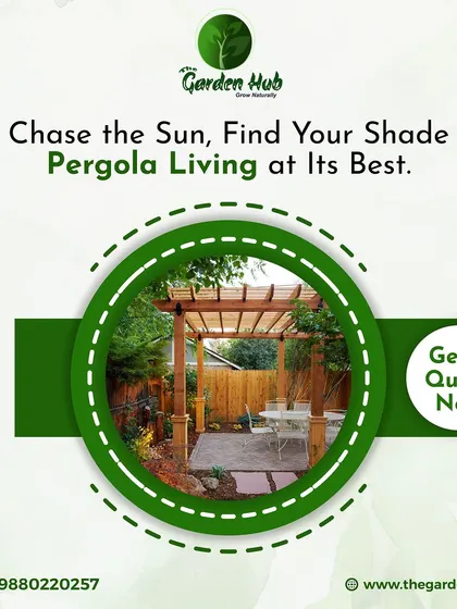 Find your perfect spot of shade with a custom-designed pergola. This image shows a cozy wooden pergola creating a comfortable patio living space, demonstrating how we help you enjoy your garden to the fullest.