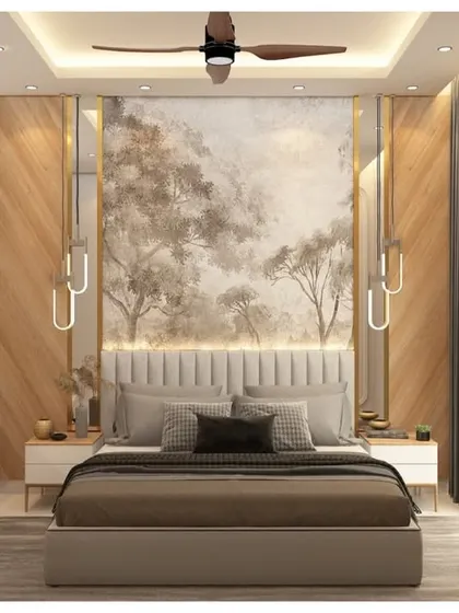 Another view of the rendered bedroom, focusing on the feature wall with its nature-inspired wallpaper, flanked by wood-paneled walls with hanging pendant lights.