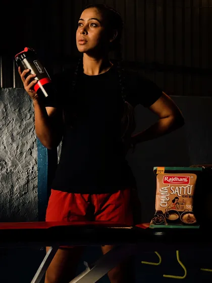 A shot from my TV commercial shoot. Fueling up with a protein shake and Rajdhani Sattu, because what you put in your body matters.